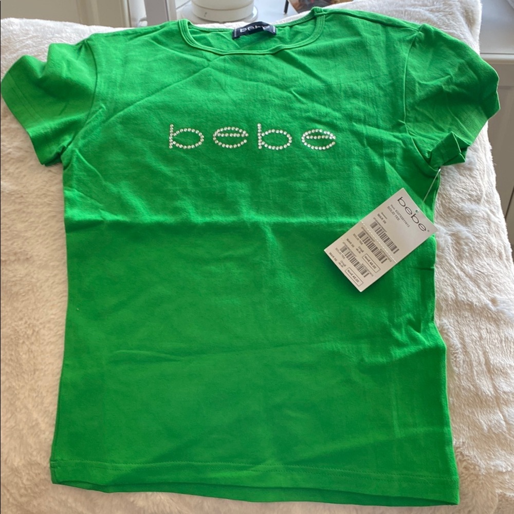 Bebe Green Shimmer Logo Short Sleeve Tee M